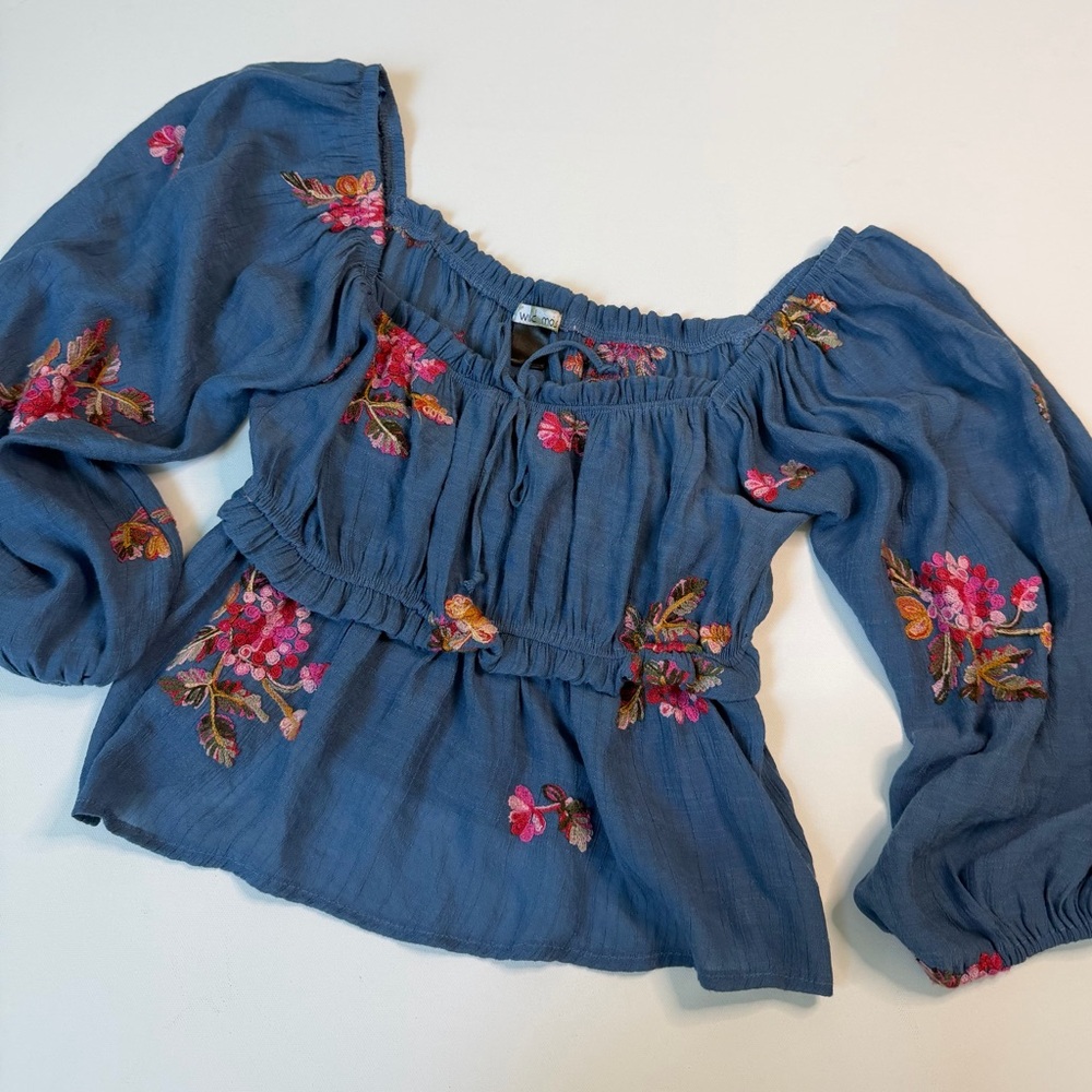 Wild Moss Blue Embroidered Boho Off Shoulder Peasant Blouse Floral Top size L - Picture 2 of 7